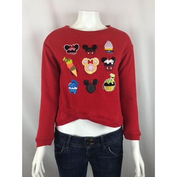 Disney Sweatshirt Womens Juniors Small Cropped Snacks Red - Picture 1 of 9